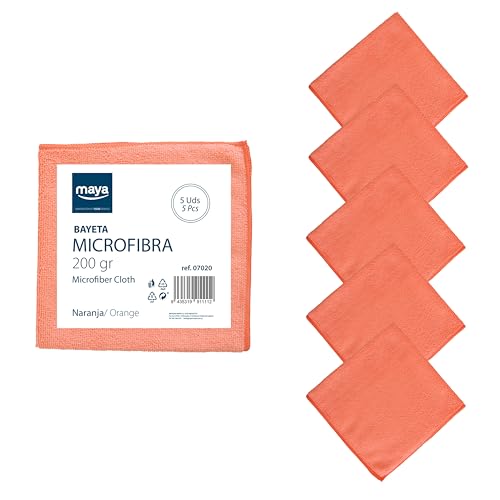 Maya Bayeta Terry 200G. Limpieza Eficaz y Sin Marcas. 100% Microfibra. para Todo Tipo de Superficies. Pack de 5 Unidades (Naranja)