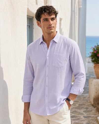 Image of Nobero Breezy Premium Linen Cotton Shirt for Men | Stylish Casual Shirts for Men | Semi Cut Collar | Box Pleat | Curved Hem | Regular Fit | Full Sleeve | S-XXXL