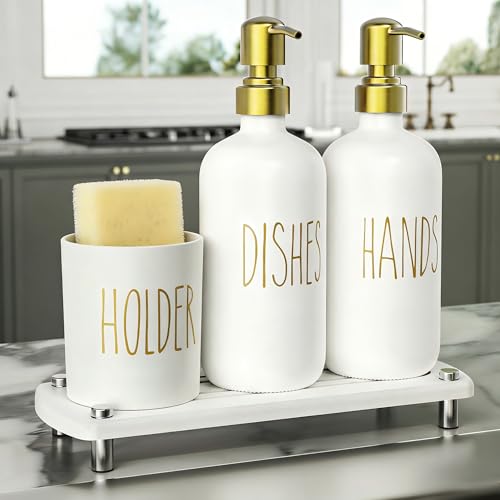 Image of Cisily Kitchen Soap Dispenser Set Comes with Ceramics Sponge Holder, Gold Pumps, and Instant Dry Tray, Hand and Dish Soap Dispenser Set (4, Gold + White + Brush Holder)