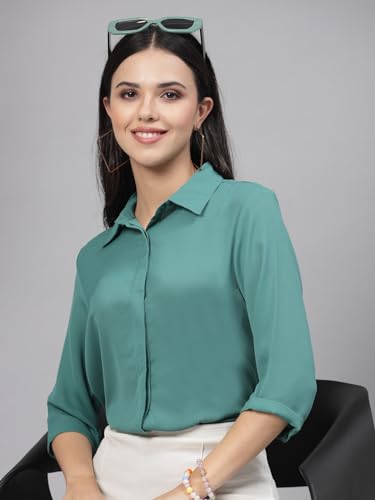 Image of Style Quotient Women Solid Aqua Green Polycrepe Formal Shirt