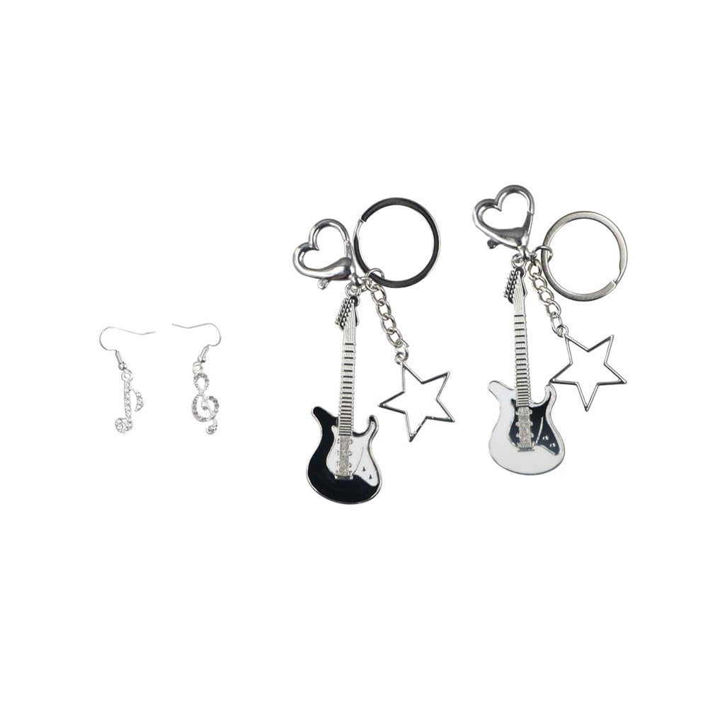 PokingeMusical Decor Set, 2 Pcs Guitar Key Chain 1 Pair of Music Note Earrings Metal Musical Instrument Keyring Sliver Drop Earring Fashion Accessories