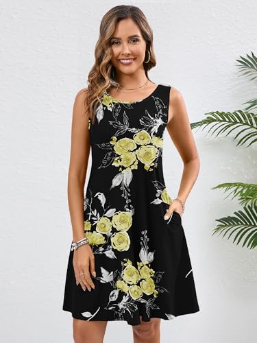 Heymoments Women Summer Dress Black Golden Floral XX-Large Sleeveless Crewneck Casual Cute Loose Fitting Tank Sundress Comfy Swing Midi Flowy A Line Trendy Beach Vacation Teacher Dresses with Pockets — view 2