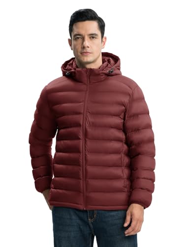 Image of TBMPOY Men's Lightweight Puffer Jackets Detachable Hood Water-Resistant Casual Winter Coat Hooded Insulated for Travel Ski
