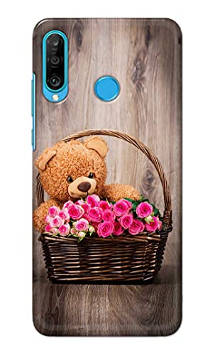 Image of PRINTFIDAA Roses and Teddy Bear in The Wicker Hard Back Cover for Huawei P30 Lite /Nova 4e, Marie-L21BX, MAR-L01A, MAR-L21A Back Cover -(P6) KAT1004