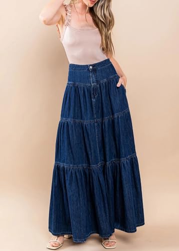 CHARTOU Women High Waist Tiered Denim Maxi Skirt Western Ruffle Patchwork Y2k A Line Long Jean Skirt Pockets2