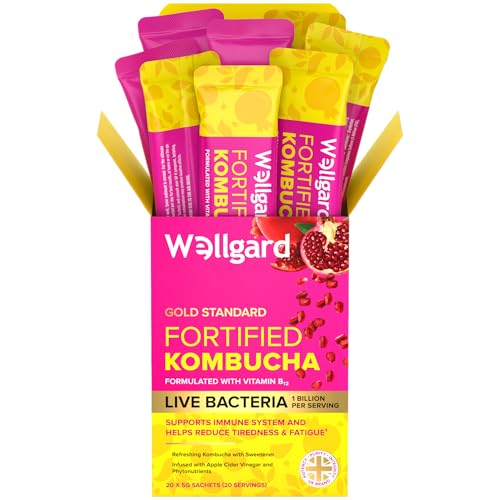 Wellgard Fortified Kombucha, Vegan Probiotic Drink Sticks, 1 Billion CFU Bacillus Coagulans, Prebiotics, Vitamin B₁₂ for Immune & Energy, 20 Sticks