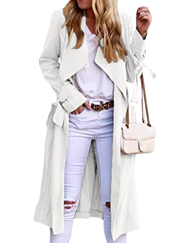 ORANDESIGNE Manteau Femme Longue Printemps Veste Trench Chic et Elegant Couleur Unie Manches Longues Casual Cardigan Long Blouson Coupe Vent Outwear Trench Coat Blanc 3XL
