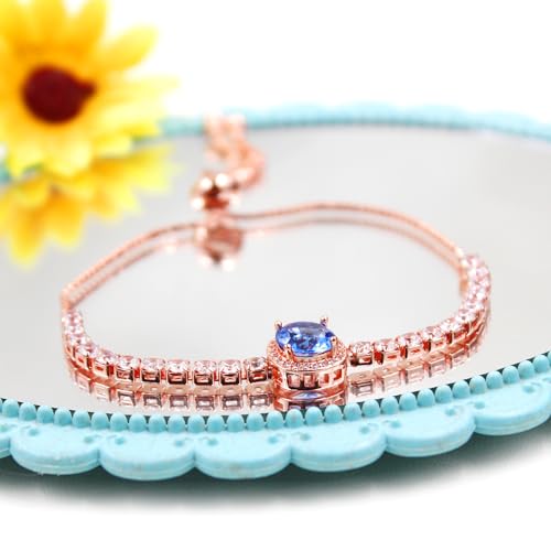 Image of Rose Plated Gold Brass Box Chain Cubic Zirconia Classic Tennis Slider Adjustable Bracelet, Round Big Zircon Charm Give Woman Mom Mother's Day Fashion Crystal Gift