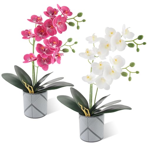 Xbessc 2 Pièces Orchidées Artificielles dans des Pots, 50cm Fleurs D'orchidées Artificielles en Pot, Fausse Orchidée Vive et Réaliste avec Racines et...