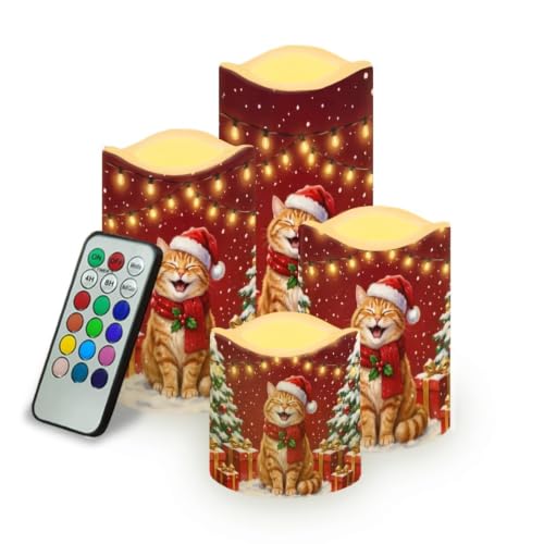 Image of Cat Christmas Flameless LED Candles Set of 4 | Xmas Battery Operated Candles with Remote Control, Electric Pillar Candles for Holiday Party Decorations