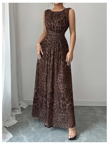 Women's Leopard Tank Dress Y2k Cheetah Ruched Cinched Waist Sleeveless A Line Flared Maxi Dresses4