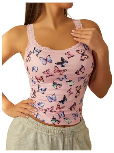 SOLY HUX Women's Butterfly Print Lace Trim Tank Top Scoop Neck Sleeveless Slim Fitted Summer Tops Pink Butterfly Small
