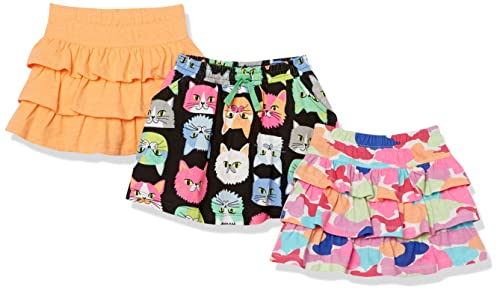 Amazon Essentials Girls' Knitted Ruffle Scooter Skirts (Previously Spotted Zebra), Pack of 3, Black Cat/Light Orange/Pink Rainbow Print, Medium