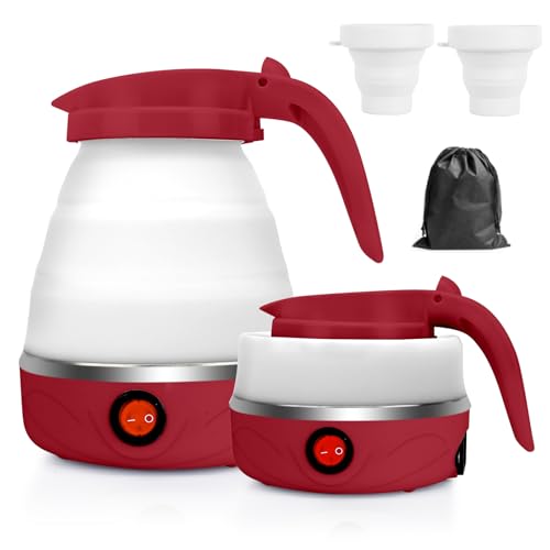 RANJIMA Hervidor de Agua Eléctrico Plegable 0,6 Litros Mini Hervidor Eléctrico de Silicona, Hervidor Portátil de Camping Kettle Mini Hervidor de Viaje con 2 Vasos Plegables para Camping Viaje Exterior