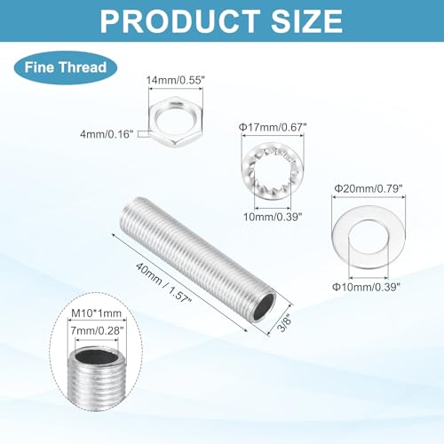 Image of MECCANIXITY 35Pcs 1.6 inch Lamp Pipe Nipples Kit with Hex Nuts Washers, M10 Fine Threaded Hollow Tube Repair Hardware Fasteners Assortment for Assembly Chandelier Ceiling Lamp DIY, Silver