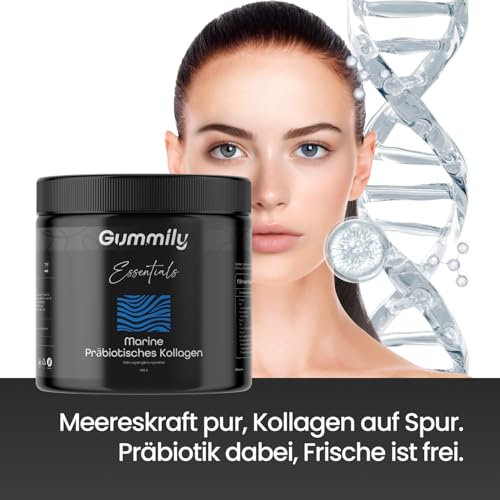 Marine Kollagen Pulver – Hydrolysiertes Fischkollagen – Hoher Proteingehalt – Präbiotische Ballaststoffmischung – Vitamin C – Hyaluronsäure – MSM – Zuckerfrei – Gummily