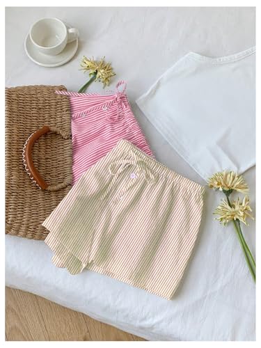 Image of MakeMeChic Women's 2 Pack Linen Shorts Striped Gingham Boxer Shorts | Summer, Beach Shorts, Cover Up, Pajama, Lounge
