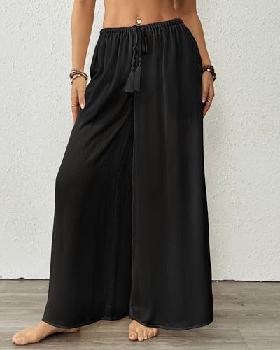 Bsubseach Women Swimsuit Coverup Swimwear Pants See Through Swim Pant Bottom Wide Leg Beach Palazzo Summer Outfits Black L — view 2