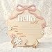 TTMerriwood Hello World Wooden Baby Birth Announcement Sign with Pink Bow, Cloud Shape Floral Newborn Name Date Time Weight Length Board, Baby Girl Nursery Photo Prop (Light Pink)