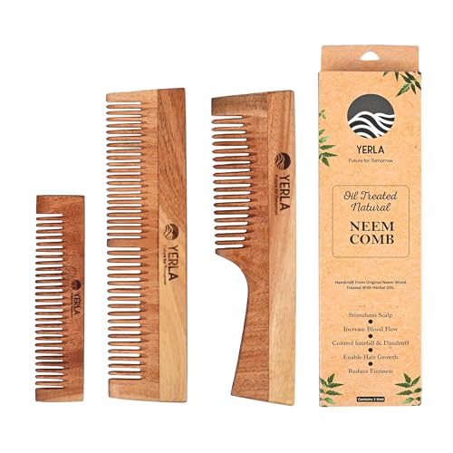 Image of YERLA Neem Wooden Comb for Men & Women | Handmade Hair Growth Wooden Comb Set | Soaked in 17 Herbs & 4 Oils | Pocket, Dual teeth & Handle Combo (Pack of 3)