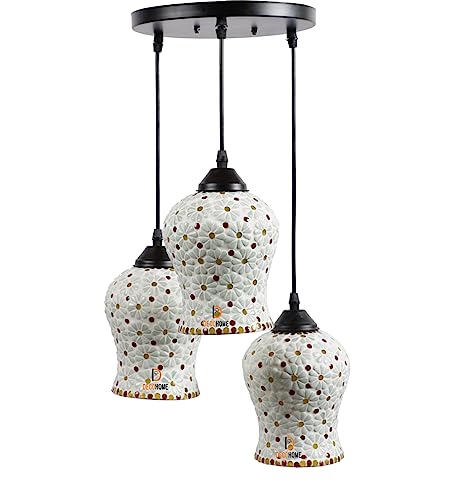 Image of DECOHOME Morrocan Hanging Mosaic Lights Glass Pendant Lamps Set of 3 | Vintage Bohemian Ceiling Hanging Ceramic Colorful Lights for Living Room, Bedroom, Balcony & Cafe | Warm Ambient (Yellow-Red)