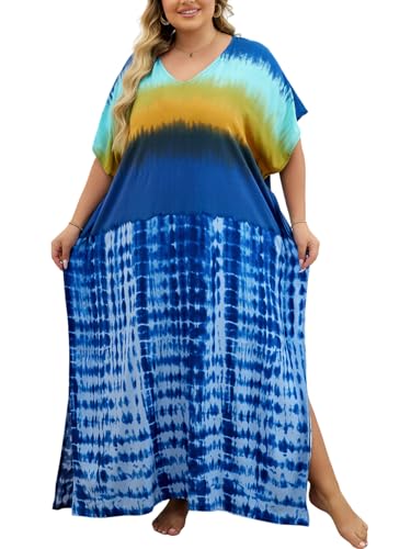 Plus Size Beach Kaftan Dresses for Women Print V-Neck Long Swimsuit Cover Ups