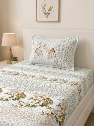 Image of Mafatlal 186 TC Spring Glory 100% Cotton Single Flat Bedsheet | 60 x 90 Inches | Soft & Breathable Floral Printed Bed Linen | Includes 1 Matching Pillow Cover | Meadow Green