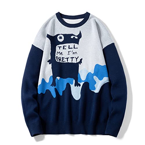 Men's Oversized Graphic Sweaters Crewneck Long Sleeve Knitted Pullovers Cartoon Monster Cotton Anime Jumpers