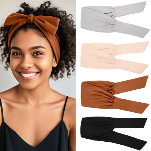Image of 4 Pieces Adjustable Headbands for Women Elastic Knotted Boho Headbands For Women Fashion Wide Headband Hair Scarf Headband Yoga Workout Head Bands Hair Accessories Band
