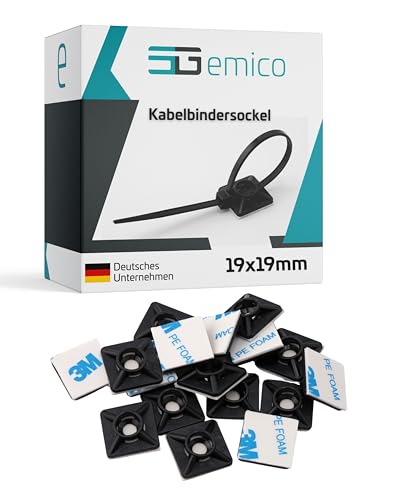 emico Kabelbindersockel 19x19 mm - für Kabelbinder bis 3,6 mm Breite - 50 Stück Schwarz - Kabelbinderhalter aus PA 6.6 - Selbstklebend (3M Kleber) & RoHS-konform - Praktische Befestigung für Kabel
