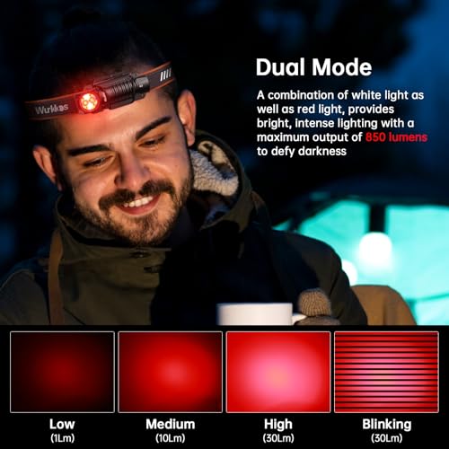 Wurkkos Headlamp,HD12 850LM Rechargeable Headlamp,Head Lamps Led Rechargeable,Mini AA Head Lights,Camping headlamps with Red Light,Waterproof,for Kids and Adults,Hiking,Emergency,Outdoor,Hard Hat