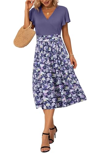 Image of GRECERELLE Spring Summer Dress for Women Casual Ruffle Short Sleeve Wrap V-Neck Dress