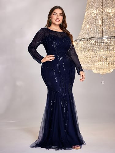 Image of Plus Size Long Sleeve Sequin Evening Dress Glitter Mermaid Long Gown for Mother of The Bride Or Wedding Guest