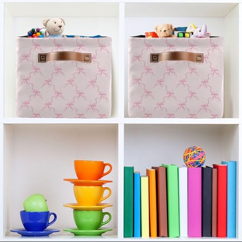 Image of Wamika Pink Bowknot Storage Basket with Waterproof Liner and PU Handles Bow Coquette Storage Bins Boxes 14.2 inch Collapsible Decorative Organizer Baskets for Bedroom Closet Office 1 Pack