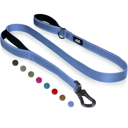 TwoEar 4FT 1IN Strong Dark Blue Dog Leash with 2 Padded Handles, Traffic Handle Extra Control, Comfortable Soft Dual Handle, Auto Lock Hook, Reflective Walking Lead for Small Medium and Larg