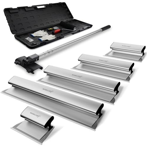 Professional Drywall Skimming Blade Kit (12 16 24 32 & 40) Stainless Steel Wall Finishing Tools with Extension Pole Roller & Putty Knife Lightweight Set with Carrying Case