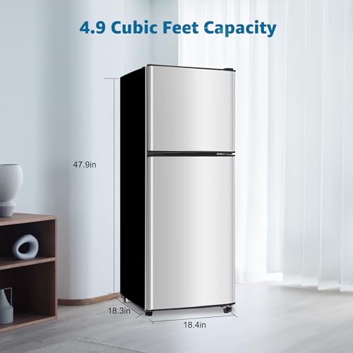 Image of 4.9 Cu. Ft. Mini Fridge with Freezer, Compact Refrigerator with Adjustable 7-Level Thermostat, Double-Door Fridge for RV, Kitchen, Office, Silver