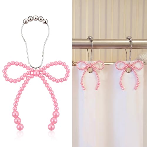 Novabright 12 Pcs Pearl Bow Shower Curtain Hooks Decorative Elegant Bowknot Shower Curtain Rings Hangers for Standard Rods Bathroom Baby Room Decoration (Pink)