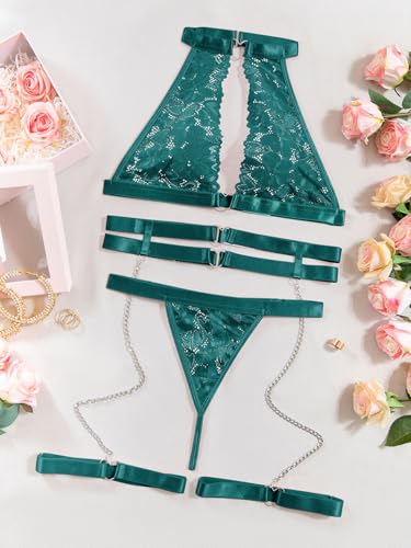 Image of Foxiny Sexy Halter Heart Ring Cutout Chain Floral Lace Sheer Garter Belt Lingerie Set 3 Piece