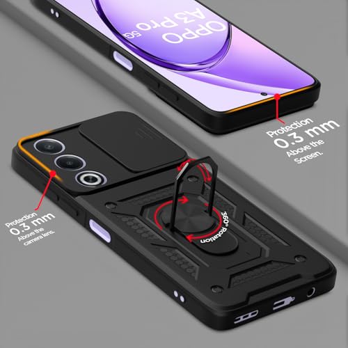 Image of Pikkme Back Cover for Oppo A3 Pro 5G | 360 Protection Case | Sliding Camera Shield Cover & Ring Holder Stand D10 Tough Armor Bumper Case (Black)