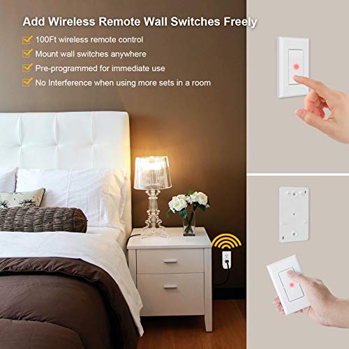 Suraielec Wireless Wall Switch Remote Control Outlet, No Wiring Needed, 100Ft Rf Range, Pre-Programmed, Expandable Remote Light Switch Kit For Plug In Pendant Light, Lamp, Small Electrical Appliance #TOP1