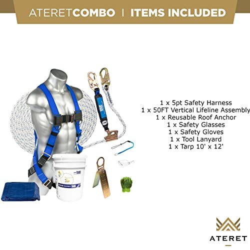 Palmer Safety Fall Protection Roofing Bucket Kit I Full-Body Harness, 50' Vertical Rope & Anchor Set I Safety Harness Kit