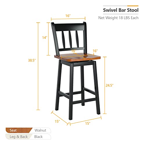 Butacos COSTWAY, Set de 2, Altura de Barra de 24,5 pulgadas, con Asiento de Madera Sólida de Caucho, Giro de 360°, Reposapiés y Espaldar, Ideales para Isla de Cocina, Encimera o Pub (Negro) miniatura 3