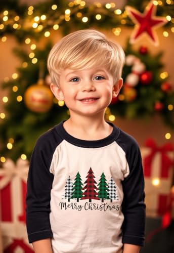 Image of Toddler Christmas Shirts for Boys and Girls Merry Christmas Plaid Monster Truck Tree Graphic Long Sleeve Xmas Tee Tops