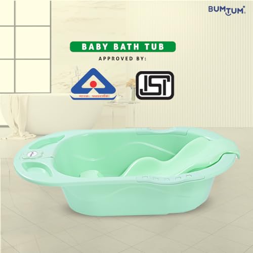 Image of BUMTUM Baby Bathtub & Anti Slip Baby Plastic Bath Chair | Bathtub with Drain Plug, Baby Bath Seat /Sling with Non Slip Suction Base for Babies, Infant & Toddlers(Sea Green)