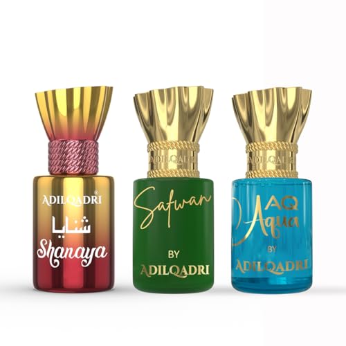 Image of Adilqadri Shanaya Safwan & AQ Aqua Attar Combo Pack | Arabic & French Blend, Fruity & Fresh Aquatic Fragrance | Non-Alcoholic Roll-On Attar for Men & Women | Gift for Him & Her | 3 x 5.5 ML