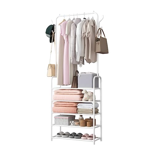 Perchero de Pasillo con Zapatero. Perchero para Recibidor - Entrada con Barra Superior, 2 Ganchos para colgar Ropa y Bolsos y 5 Baldas de Tela. Perchero para Habitación, Baño, Salón. Color Blanco.