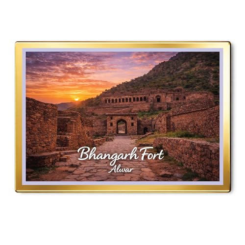 Image of Decorative Fridge Magnet with Glowing Border | Pack of 1 (Bhangarh Fort, Alwar, 3x2 inch - Golden Border)