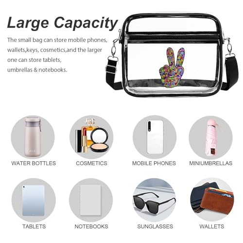 Hippy Love Peace Large Crossbody Bag Clear Stadium Bag Anti-Theft Side Shoulder Bags Messenger Bag with 2 Compartments3