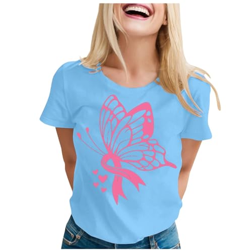Genérico Camisas contra el cáncer de mama para las mujeres cinta de sensibilización sobre el cáncer de mama camiseta de manga corta otoño camiseta suéter largo para mujer, azul celeste, M